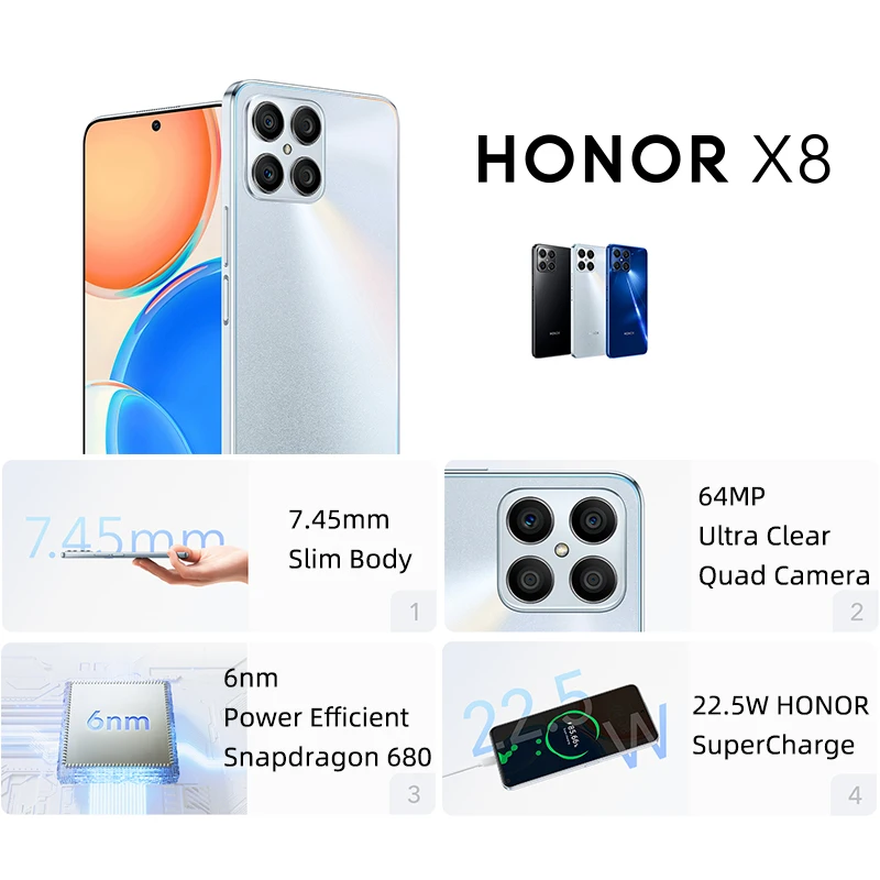 Global HONOR X8 Mobile Phones 6GB 128GB 6.7 inch Display Smartphone Snapdragon 680 Cellphone 4000mAh Battery 64MP Camera