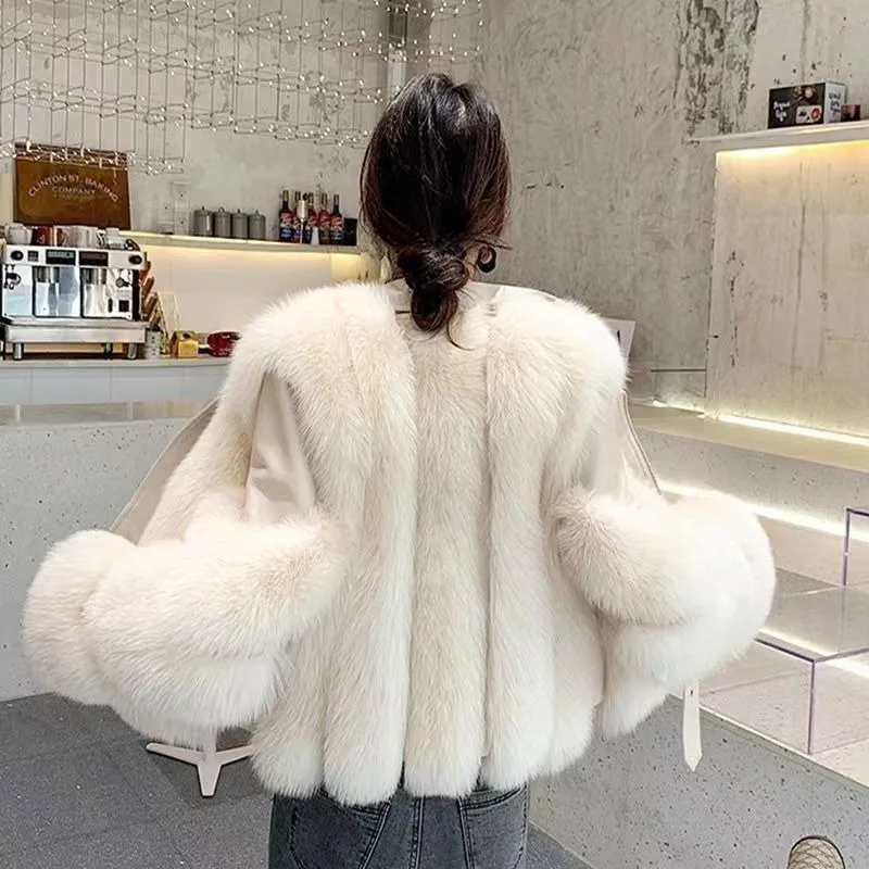 Winter Furry Faux Fur Women Overcoat Cropped Faux Fur and Leather Patchwork Jacket Short High Quality Fake Fox Fur Coat Outwear