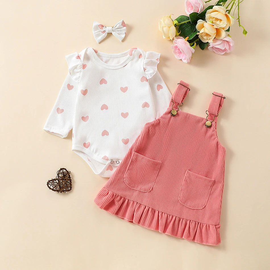 Comfortable Cute Infant Girls Three Piece Set Heart Print Flared Long Sleeves Strapless Dress and Hair Tie Great for Casual Wear