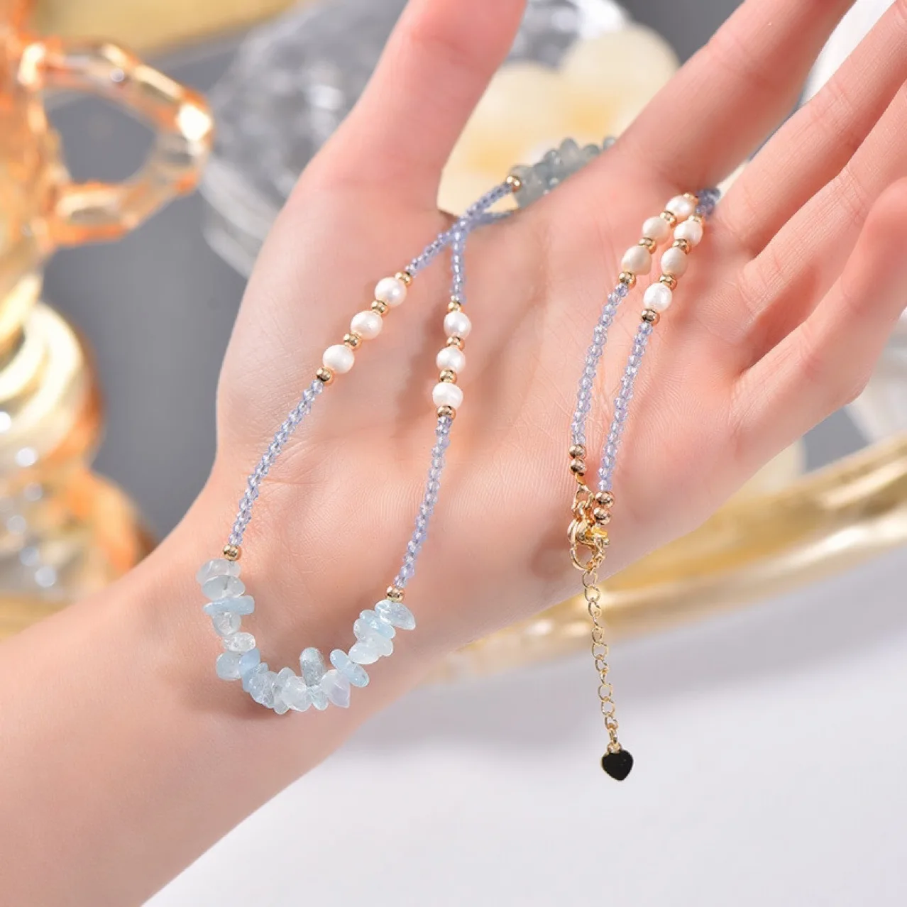 

Natural Aquamarine Pearl Clavicle Pendant Necklace, Ladies Fashion Necklace, Original Design, Gift