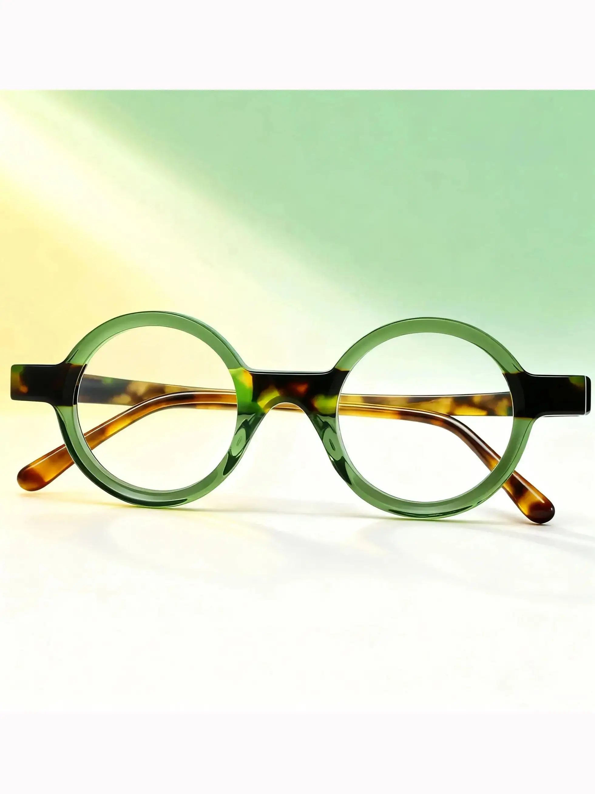 FYTOO Unisex Stylish Round-Frame Glasses Green Tortoiseshell Combo, Durable Acetate, Adds Art Vibe to Outfits, Face-Flattering