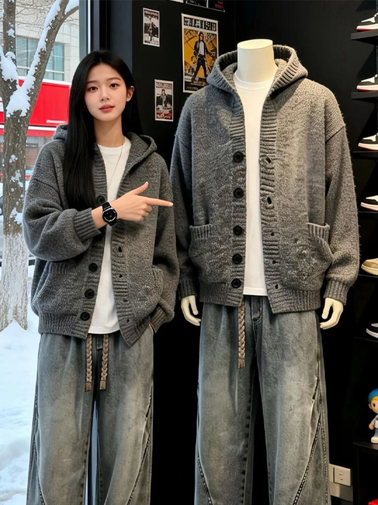 

Мужской вязаный кардиган в американском ретро-стиле, осенне-зимний, корейский, свободный, с капюшоном, для ношения под одеждой