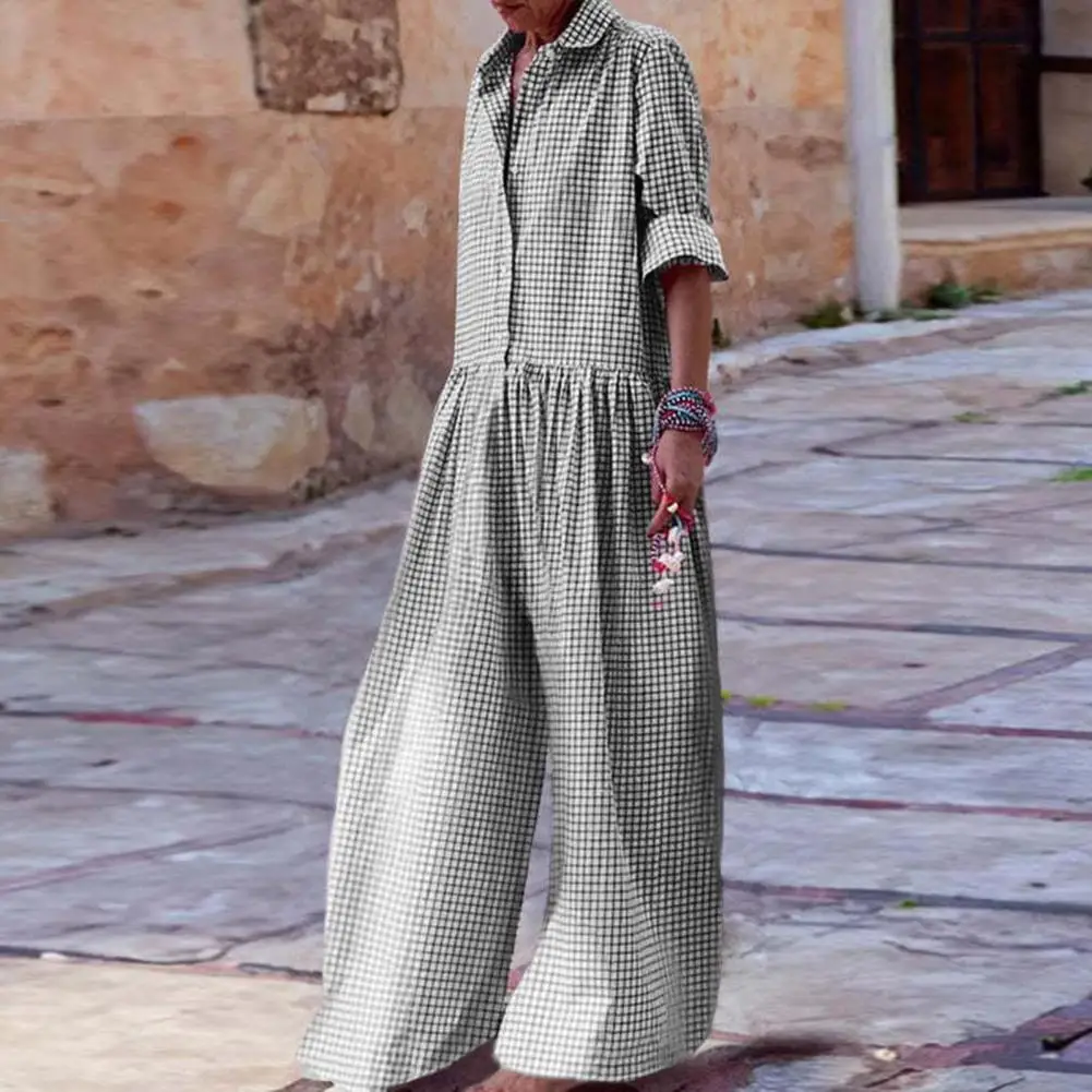 Plaid Print Jumpsuit Women Plaid Jumpsuit Stylish Check Print Women\'s Jumpsuit with Long Sleeves Wide Legs Casual Loose