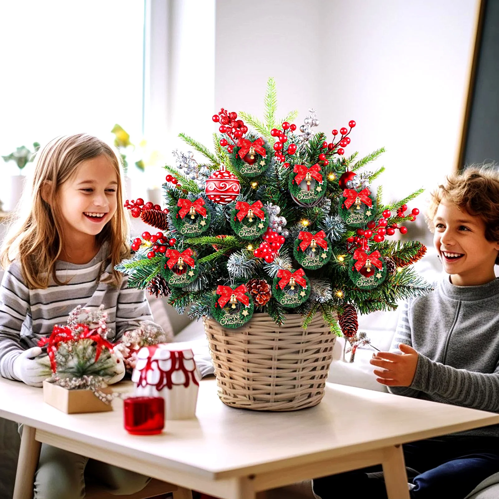 

12Pcs Small Bow Wreaths with Bell Mini Christmas Decorations for Tree Presents Home Holiday Charm Wreath Hanging Ornament Set