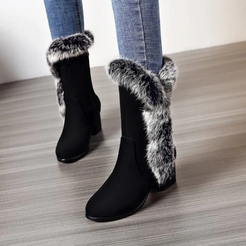 Women's Winter Boots Luxury Snow Hot Warm Furry Medium Wedge Heel Mid-Calf Black Outdoor Trekking Shoes For Women Trend 2024