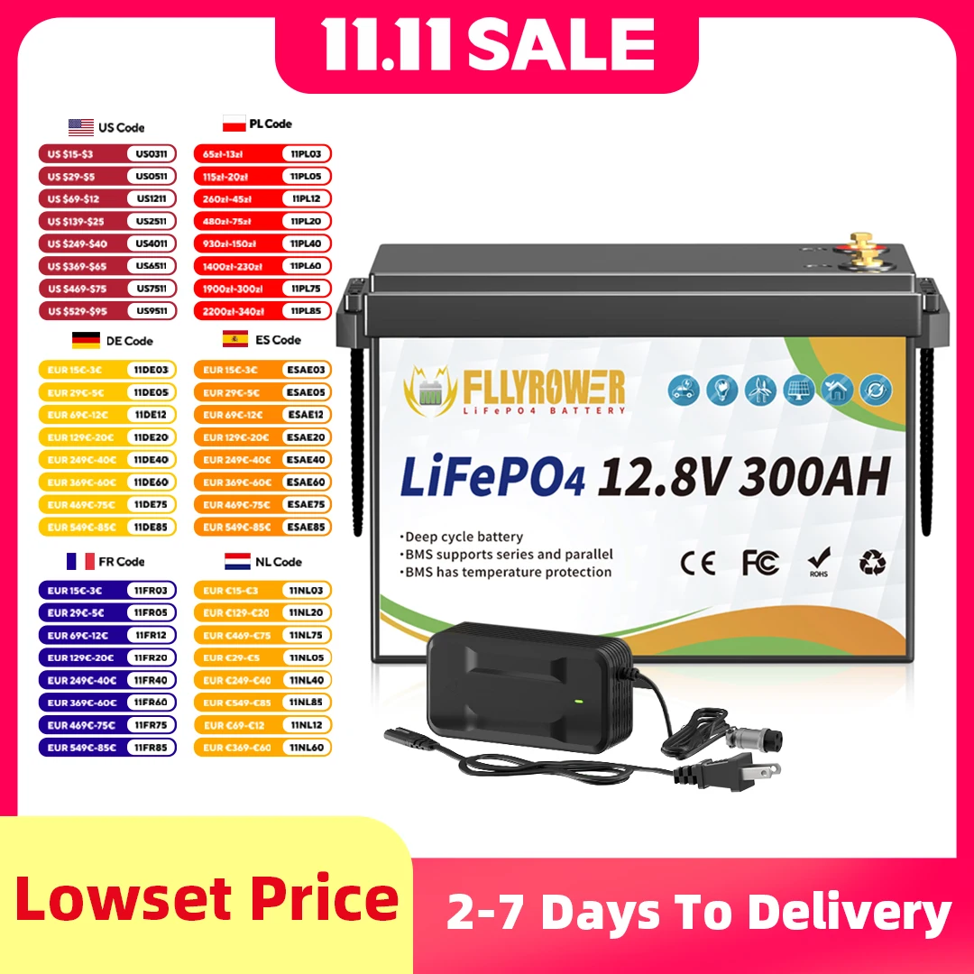 FLLYROWER 12V 300Ah LiFePO4 Lithium Battery Pack With 200A BMS Energy Deep Cycles For Off-Grid Motorhome Solar System RV Boat