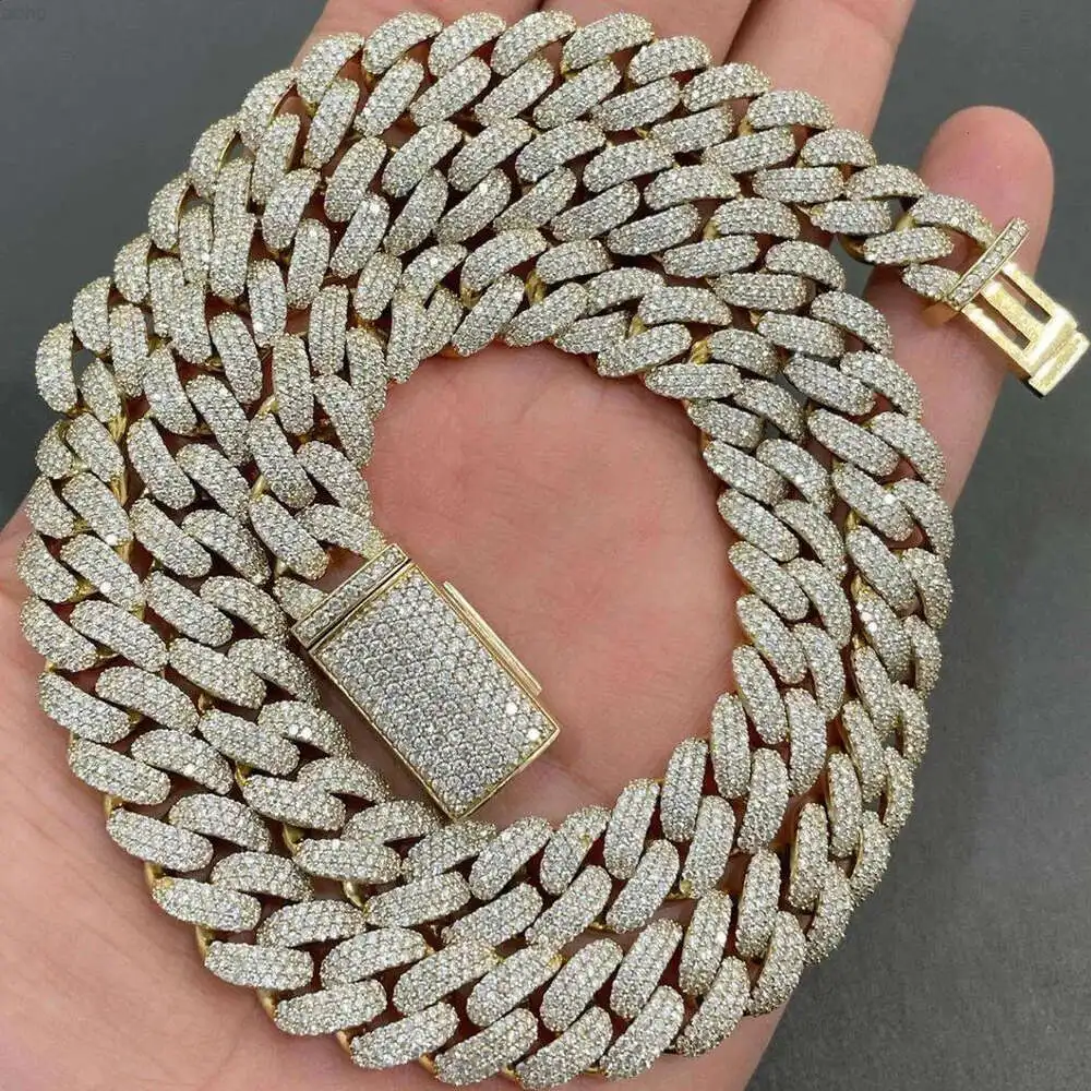 

Hip Hop Jewelry 925 Silver 16mm Width Three Rows Moissanite Honeycomb Inlaid Iced Out Miami Cuban Link Chain