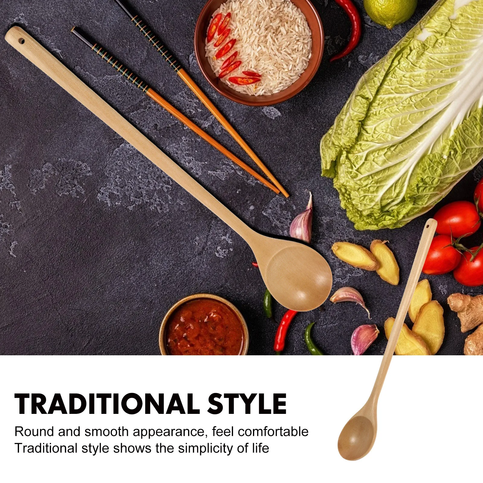 1pc Wooden Soup Spoon Long Handle Round Japanese Style Stirring Spoons For Kitchen Utensil Food Honey Mixing Spoons