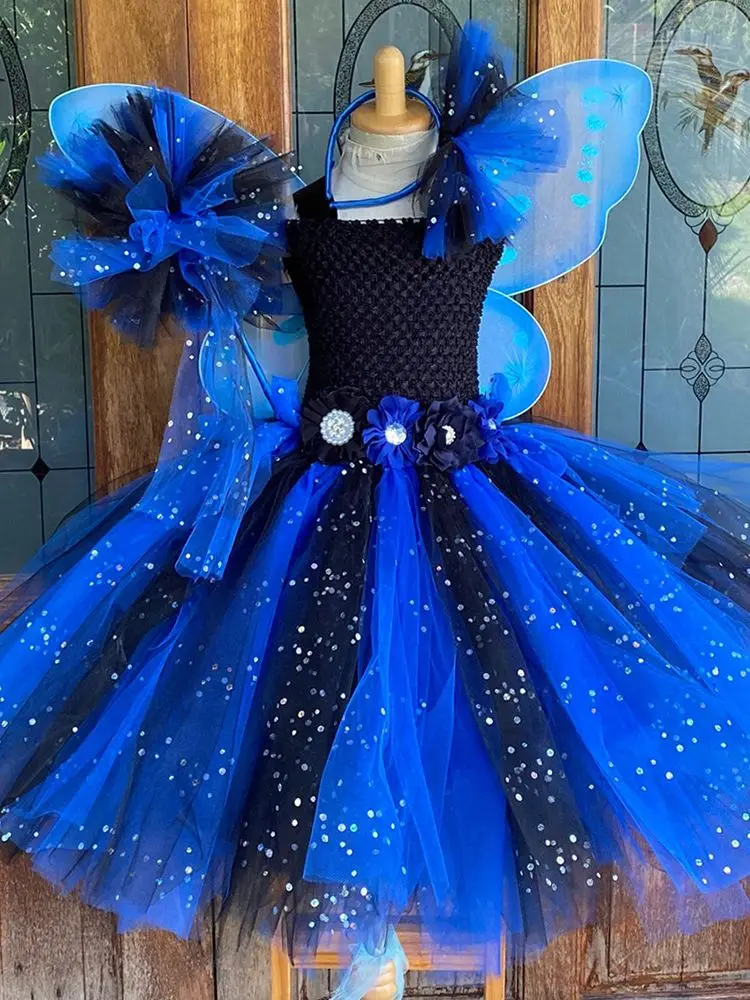 Baby Girls Blue Black Glitter Tutu Dress Kids Flower Fairy Dresses with Butterfly Wing Stick Hairbow Set Children Party Costumes