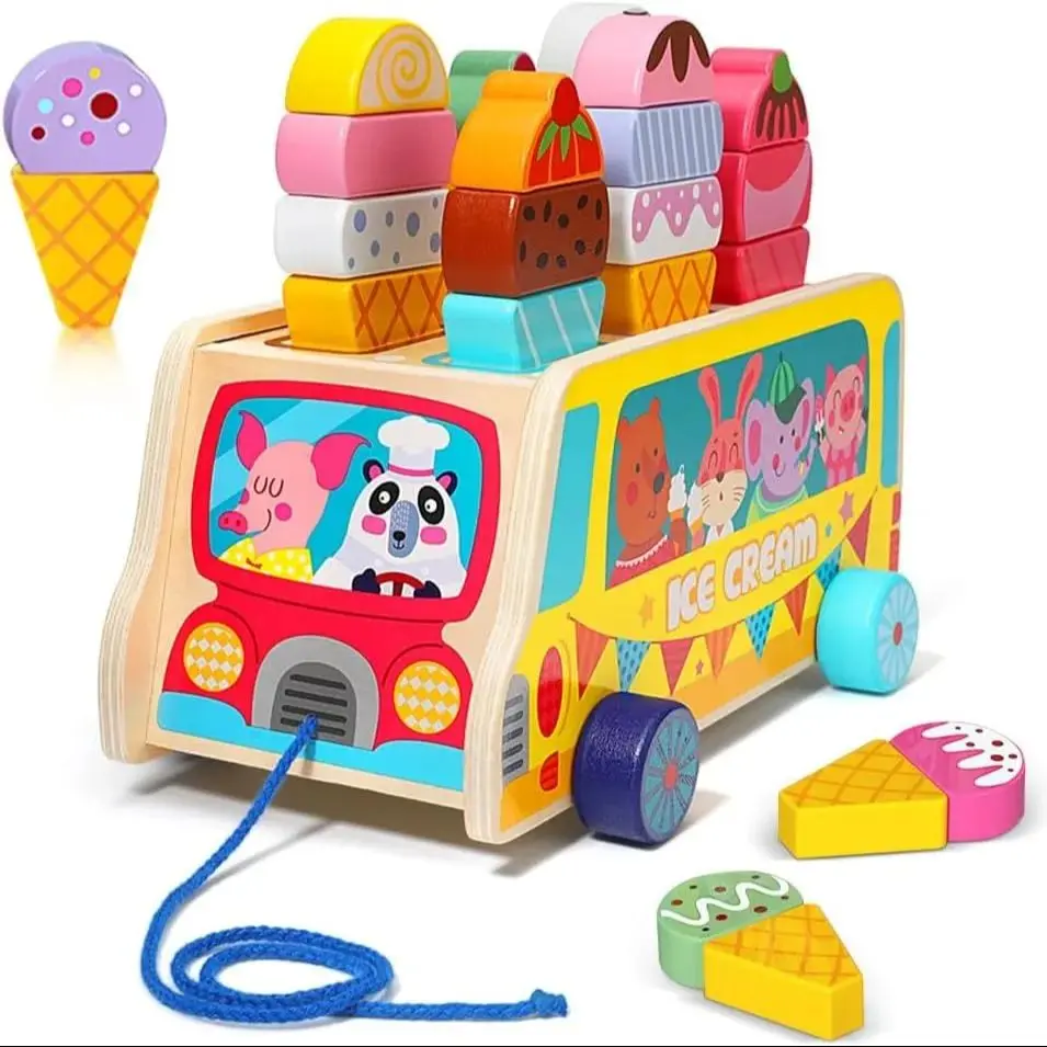 Camion de crème glacée en bois, jouet de crème glacée 27 pièces pour enfants, salon de crème glacée enfants en bois avec roues mobiles et magnétiques