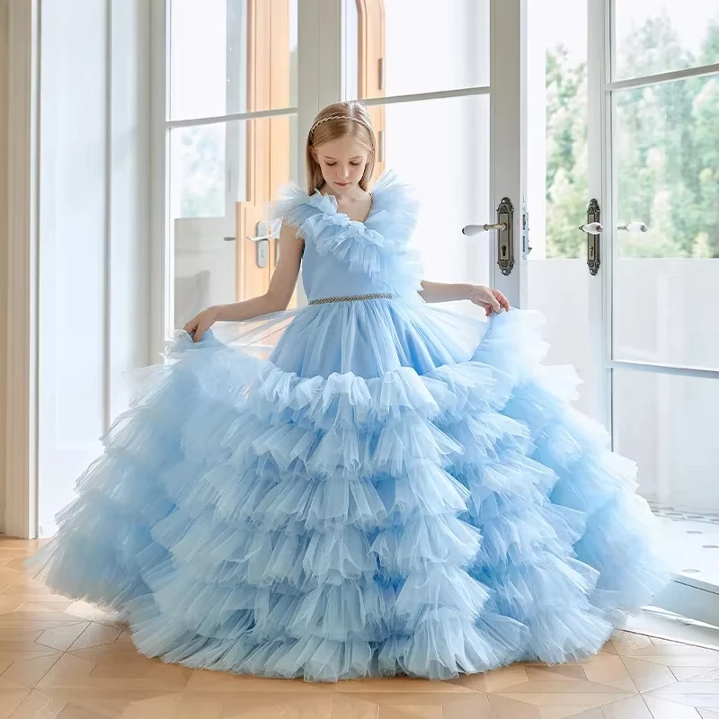 Erstaunliches Cloud-Tüll-Ballkleid-Hochzeitsmädchenkleid für Mädchen, extra üppiger, gestufter Tüll, blau, rückenfrei, Kinderkleider, Fotoshooting, Festzug, Party