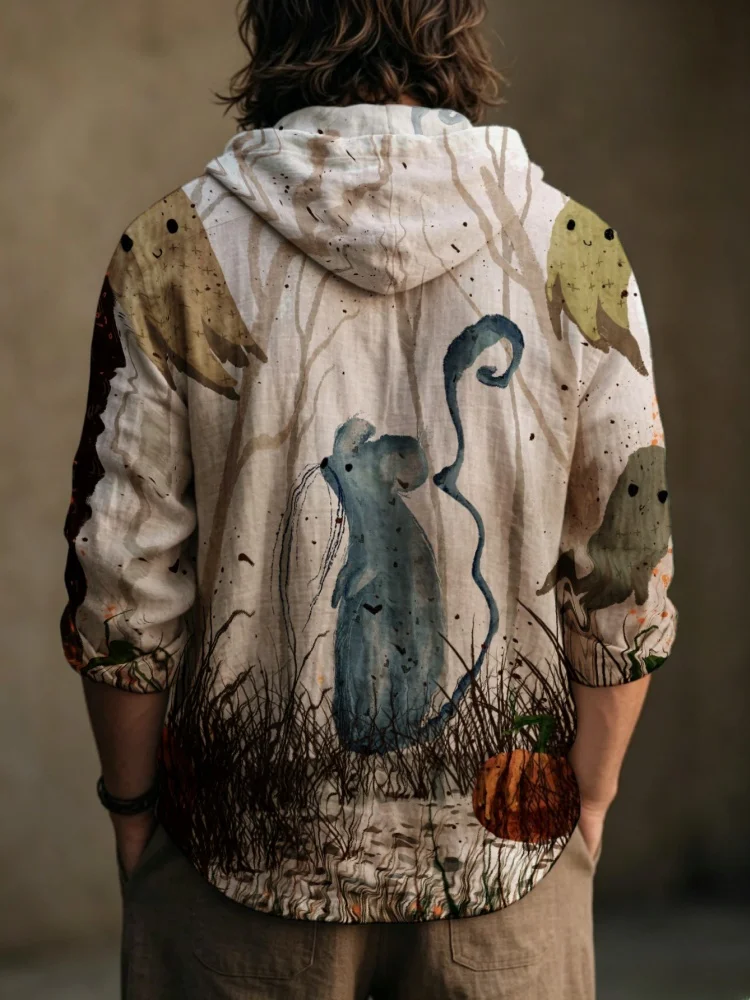 Mens Retro Watercolor Cartoon Pumpkin Print Shirts Vintage Hooded Long Sleeve Henley Shirt Autumn Casual 2026 Harajuku Top