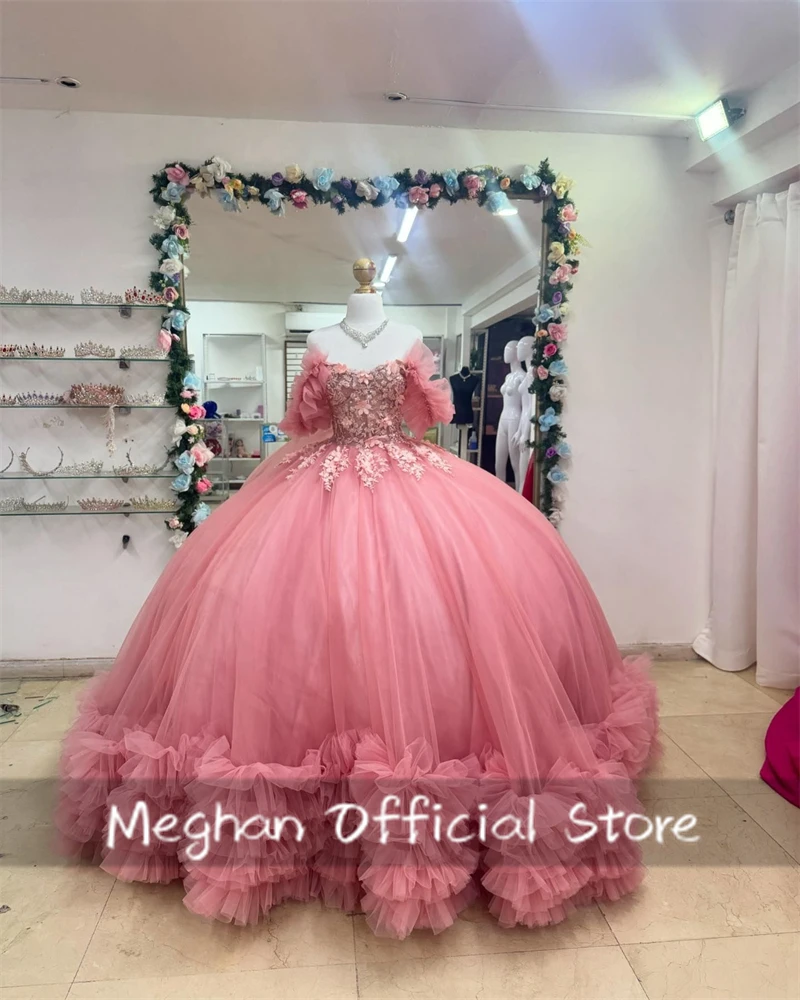 Mexico Peach Pink Off The Shoulder Quinceanera Dress Ball Gown Beaded Appliques Graduation Dresses Ruffles Party Gown Sweet 15