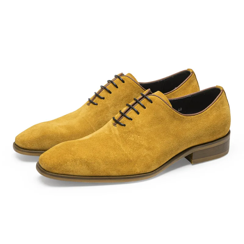 HKDQ Men Formal Shoes Genuine Leather Lace Up Khaki Yellow Men Dress Shoes High Quality Fashion Wedding Oxford Suede Shoe Man