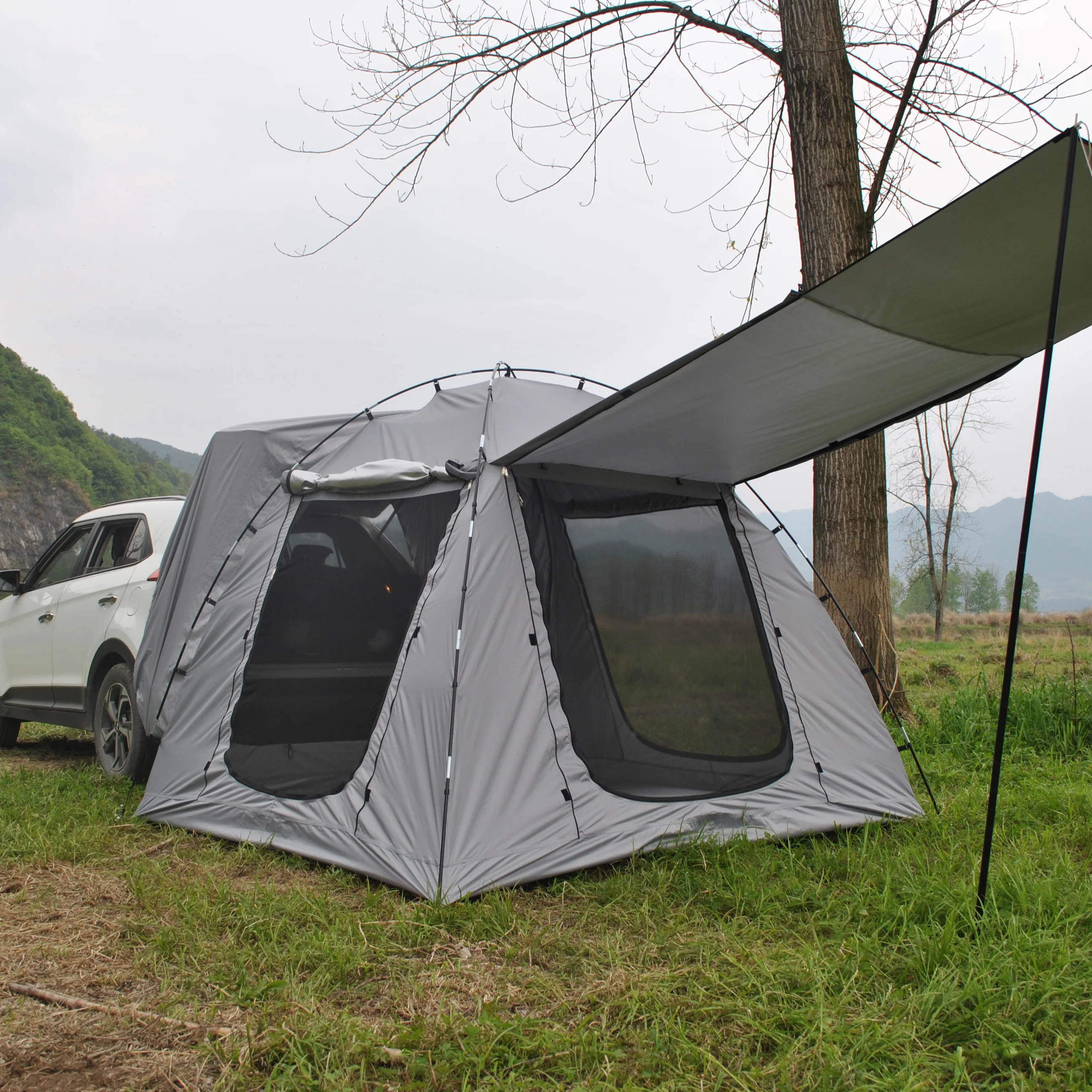 6-person size Car Rear Tent with four large window Car Tailgate Tent Back SUV Tent with large awning,6 person Trunk tent