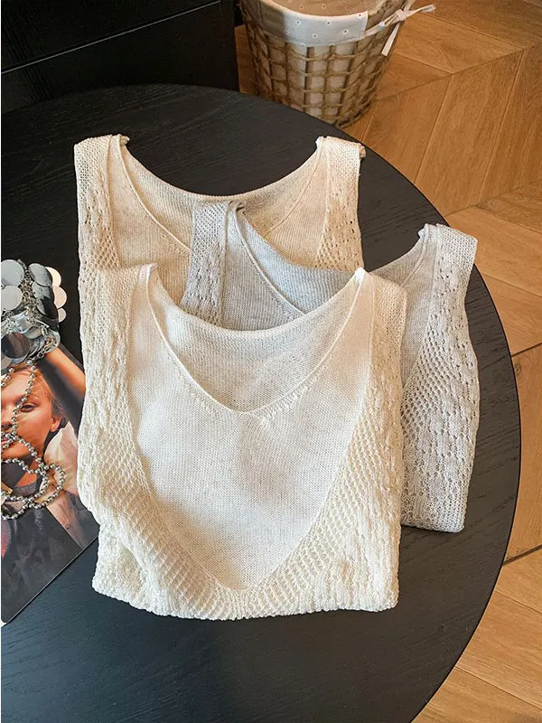 Ladies' Knitted Hollow out Sleeveless Vest Old Money Style Guangzhou Thirteenth Factory High Quality Fashion Summer Outerwear