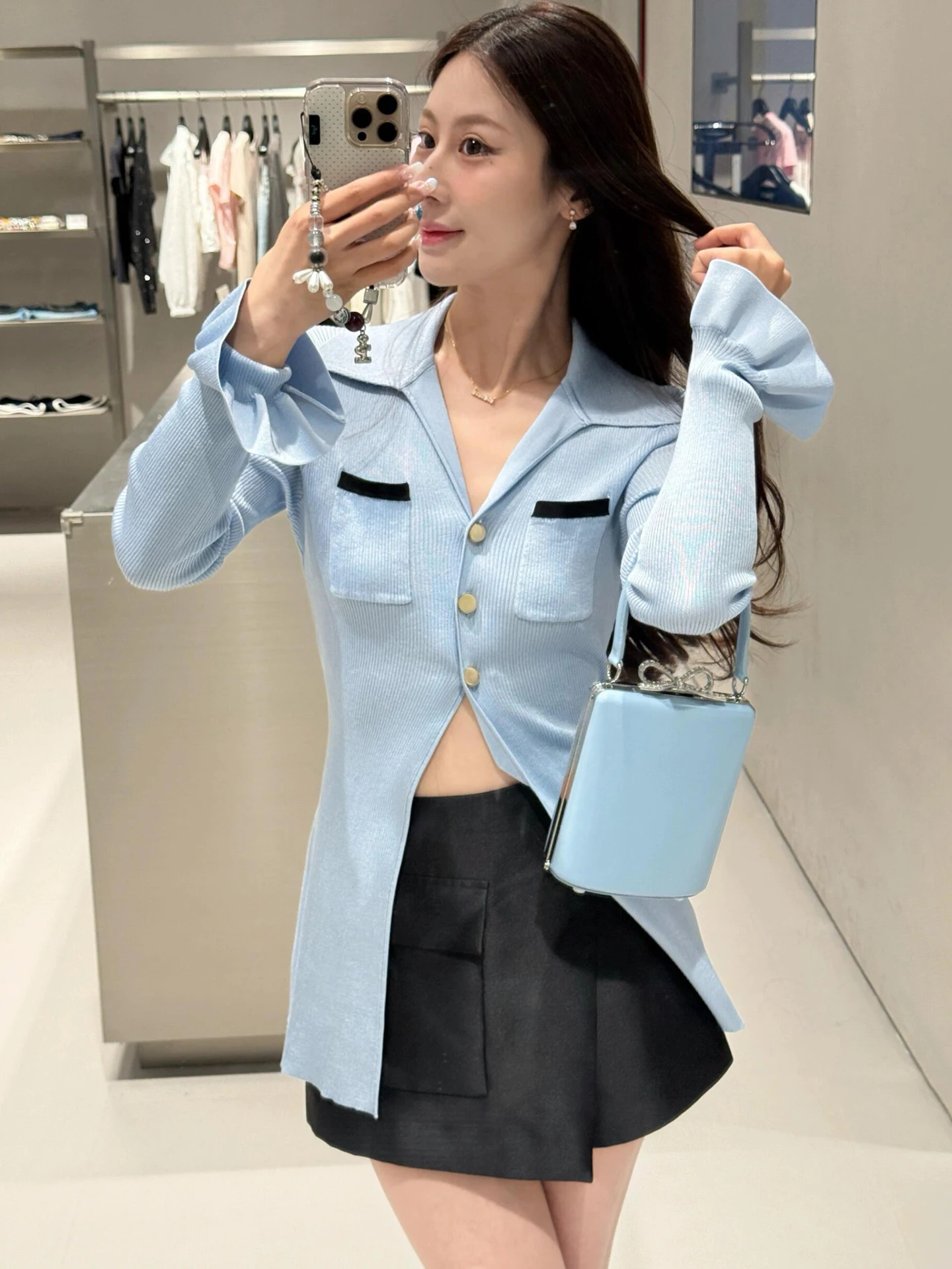 

Blue Knitted Collar Open Cardigan Top Ele Simple Sle Long Sve round Ne Color Commute Faion Women's Wear