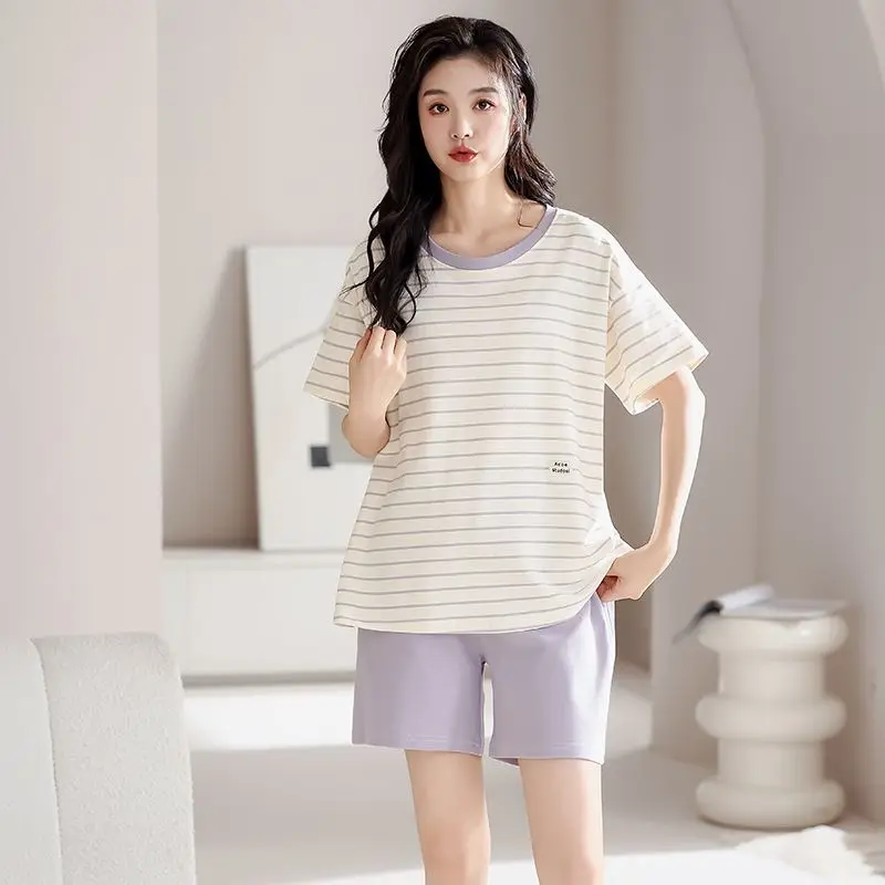 

2026 Summer Short Sleeve Casual Striped Cotton Shorts Pajama Sets for Women Korean Loose Sleepwear Homewear Pijama Mujer Clothes