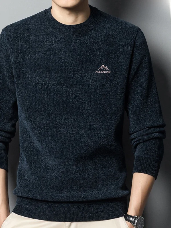 

Мужской зимний вязаный свитер, круглый теплый топ на подкладке с вышивкой Ne Fce, универсальный повседневный деловой свитер из полиэфирного волокна