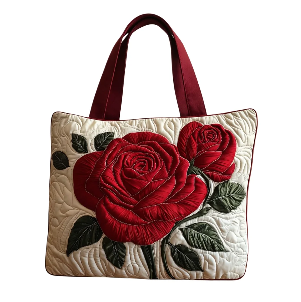

Quilted Tote Bag Red Rose Print Shoulder Bag for Women Men Large Capacity Tote for Commute Dating & Shopping