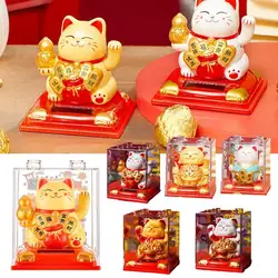 Solar Energy Welcome Lucky Cat Figurine Shaking Hand Chinese Style Light Energy Fortune Cat Statue Car Center Console Ornament