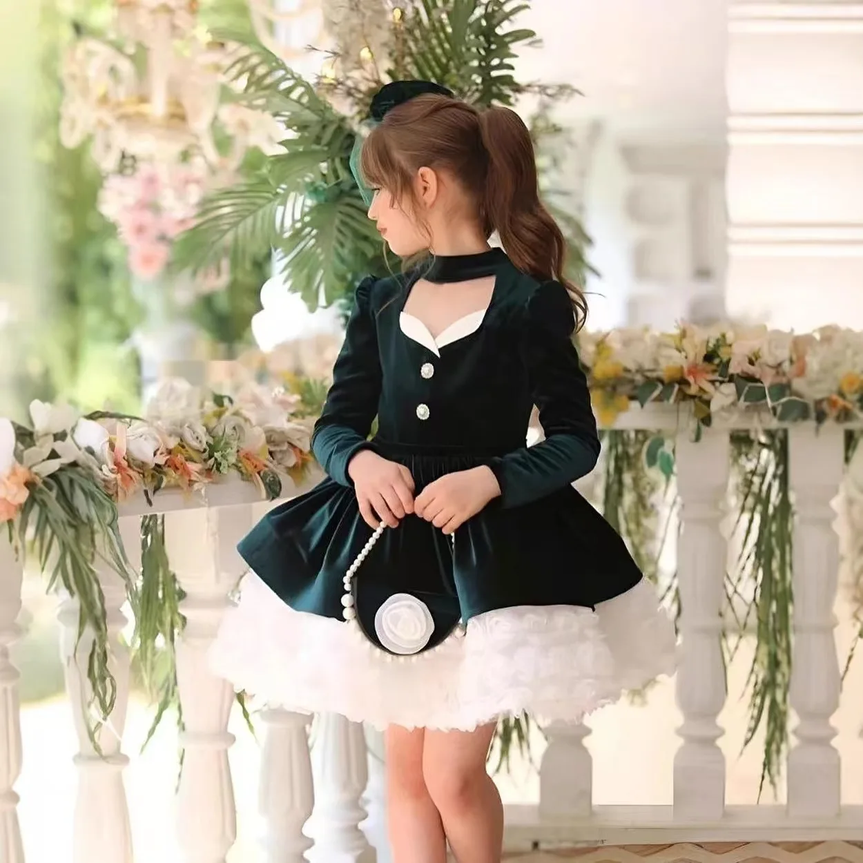 Elegant Black Flower Girl Dress Long Sleeve Knee Length  for Little Girls Wedding Birthday Party Pageant Evening Ball Gowns