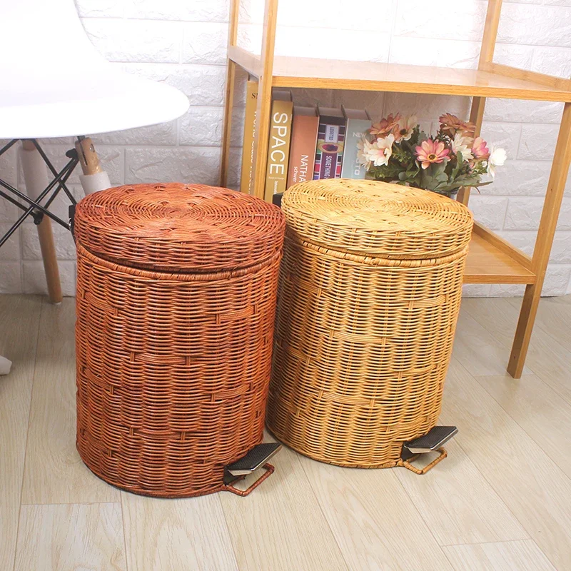 Rattan circular trash can creative, simple, Nordic style with cover foot-operated hotel living room bedroom paper basket househo