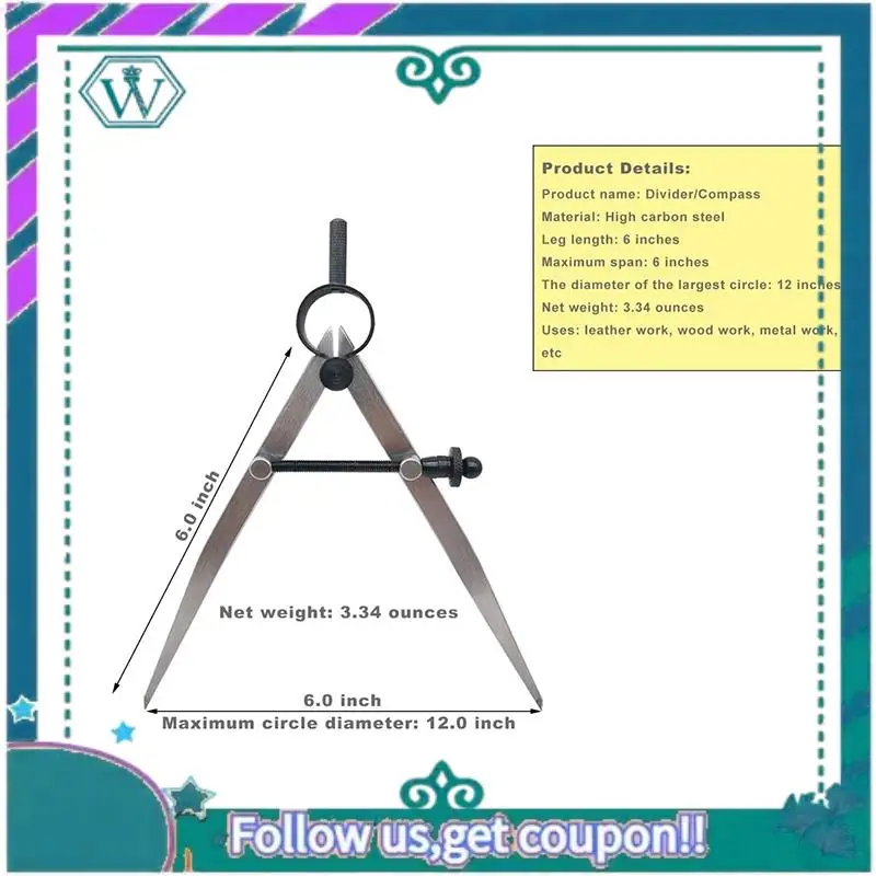 Upgraded 6 Inch Adjustable Lockable Steel Divider Wing Leather Compass