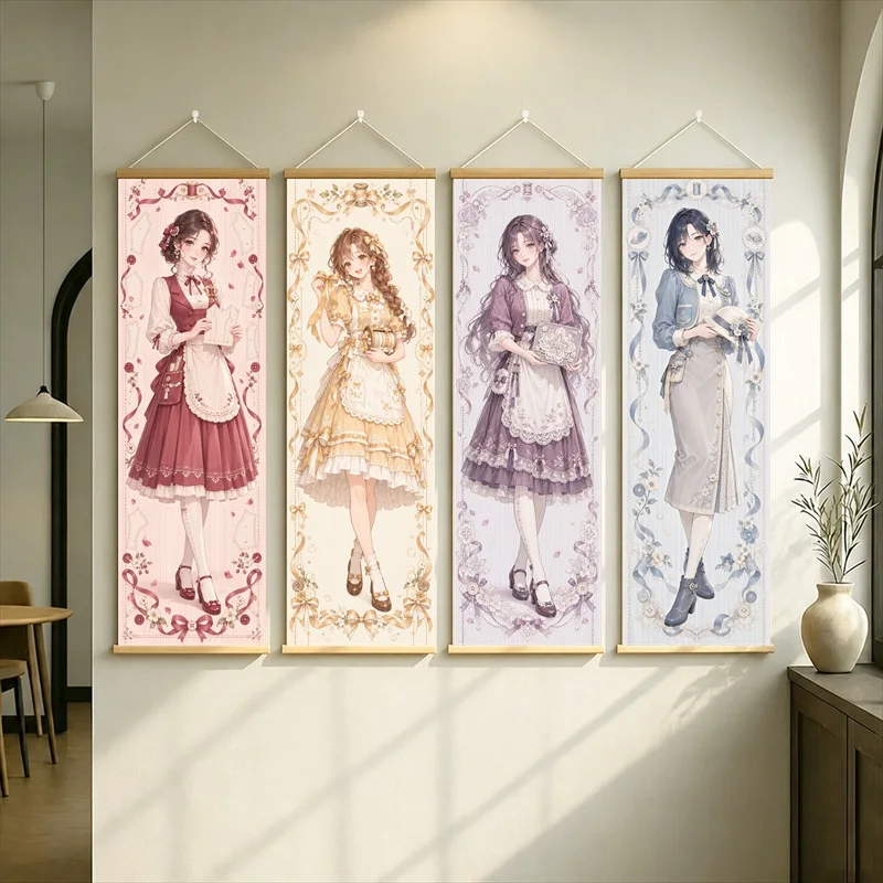 Anime Girls in Elegant Ruffled Dresses Hanging Scroll with Pastel Floral Borders and Delicate Linework for a Bedroom