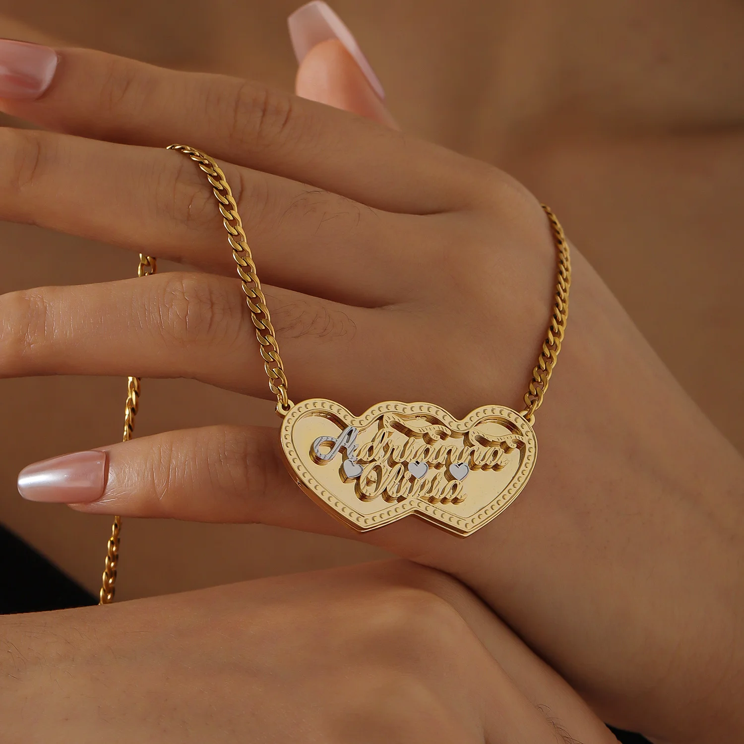 Double Name Double Layer Necklace Etched Rhinestone Pendant 18K Gold Plated Stainless Steel Rope Chain Personalized Gift for Her