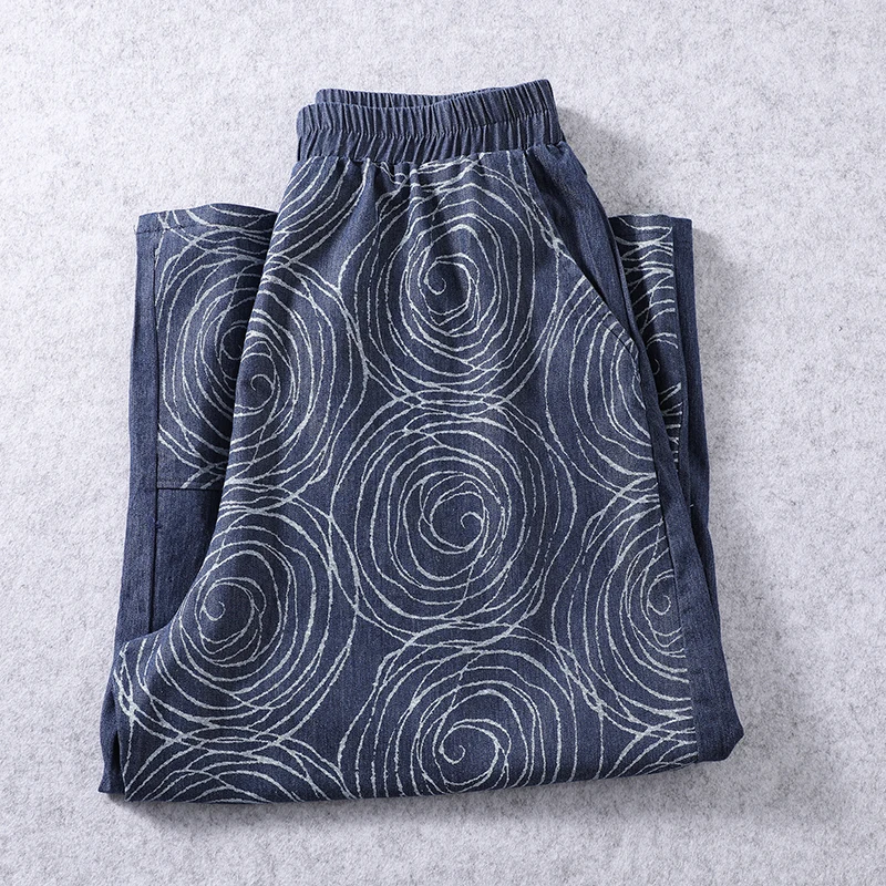 عادية فضفاض المرأة الدنيم بنطال ذو قصة أرجل واسعة لربيع وصيف جديد Sle اللون بلو طباعة تنوعا الرجعية يشعر عالية الخصر ort طول