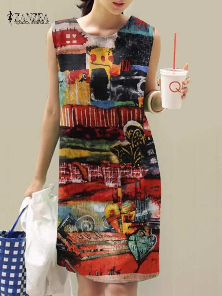 ZANZEA 2024 Summer Floral Dress Bohemian Printed Sundress Women Vintage O Neck Sleeveless Vestido Causal Robe Work Sarafans