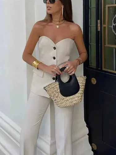 Imagen 2 del producto HH-traje de pantalón liso elegante para mujer, camisetas sin tirantes con botón frontal, camisetas sin mangas sexis + pantalón con abertura lateral, conjuntos de ropa de calle de moda femenina