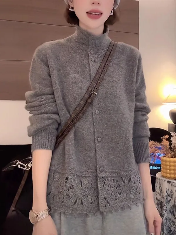 

ay High Collar Lace Knitted Open Cardigan Women's Spring Loose Outerwear Thiened Sweater Lazy Sle Long Sve Top