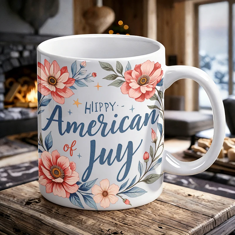 Independence Day Mug Coffee Cup Ceramic Cup Hippy American July Floral Wrap