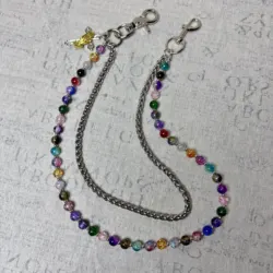 Original handmade punk style neutral denim pants chain colorful round bead fashion bag pendant