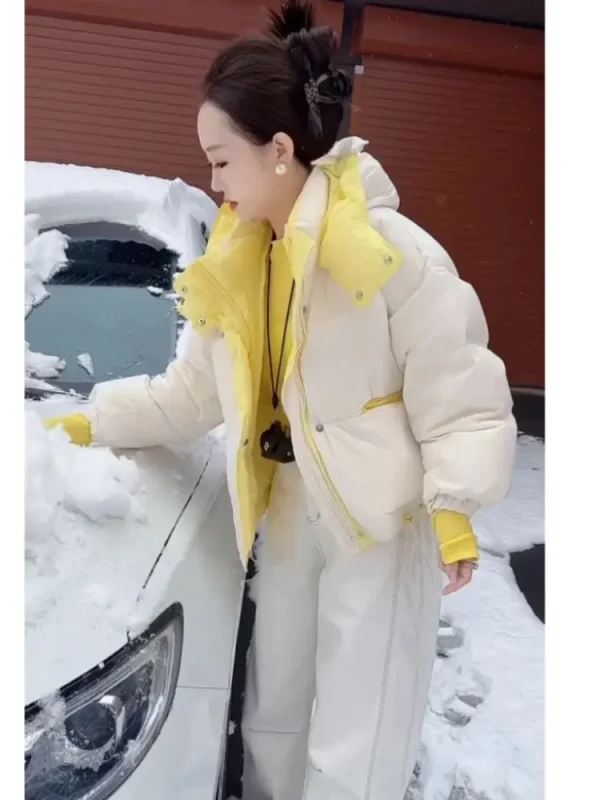 

Модное женское зимнее пальто из хлопка с капюшоном, в стиле колор-блок, в корейском стиле, для повседневной носки