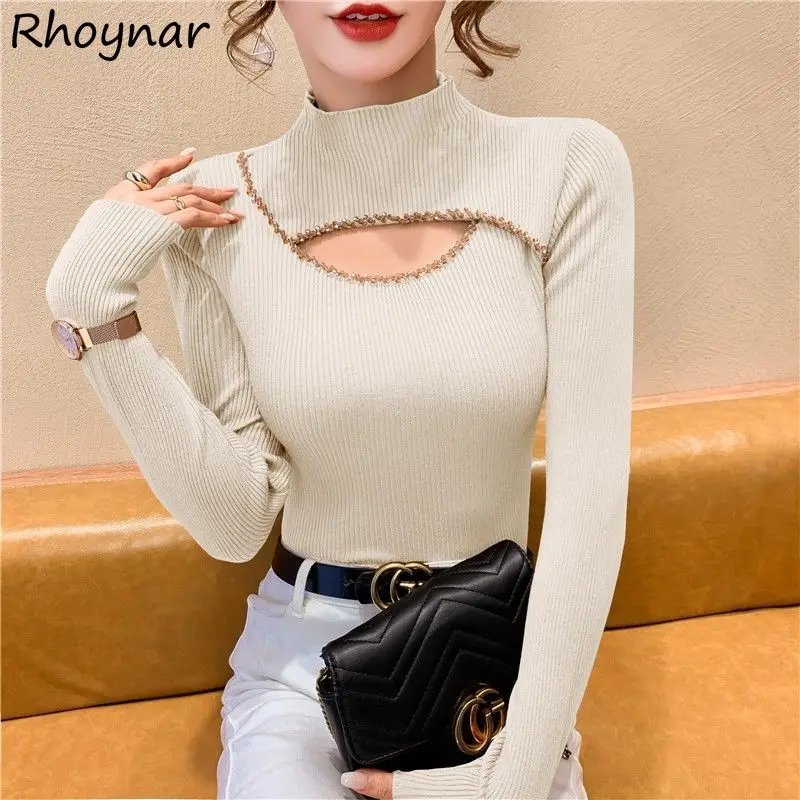 

Chic Hollow Out Diamonds Knitted Pullovers Women Fashion Solid Simple Slim Leisure All-match Basic Tops Ladies Young Popular Ins