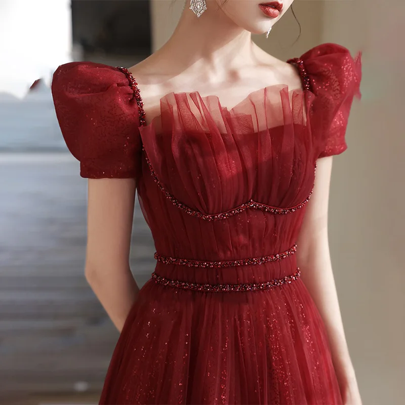 

Red Toast Dress Brides 2023 Summer Square Collar Ruched Beading New Engagement Dresses Temperament Banquet Prom Gowns