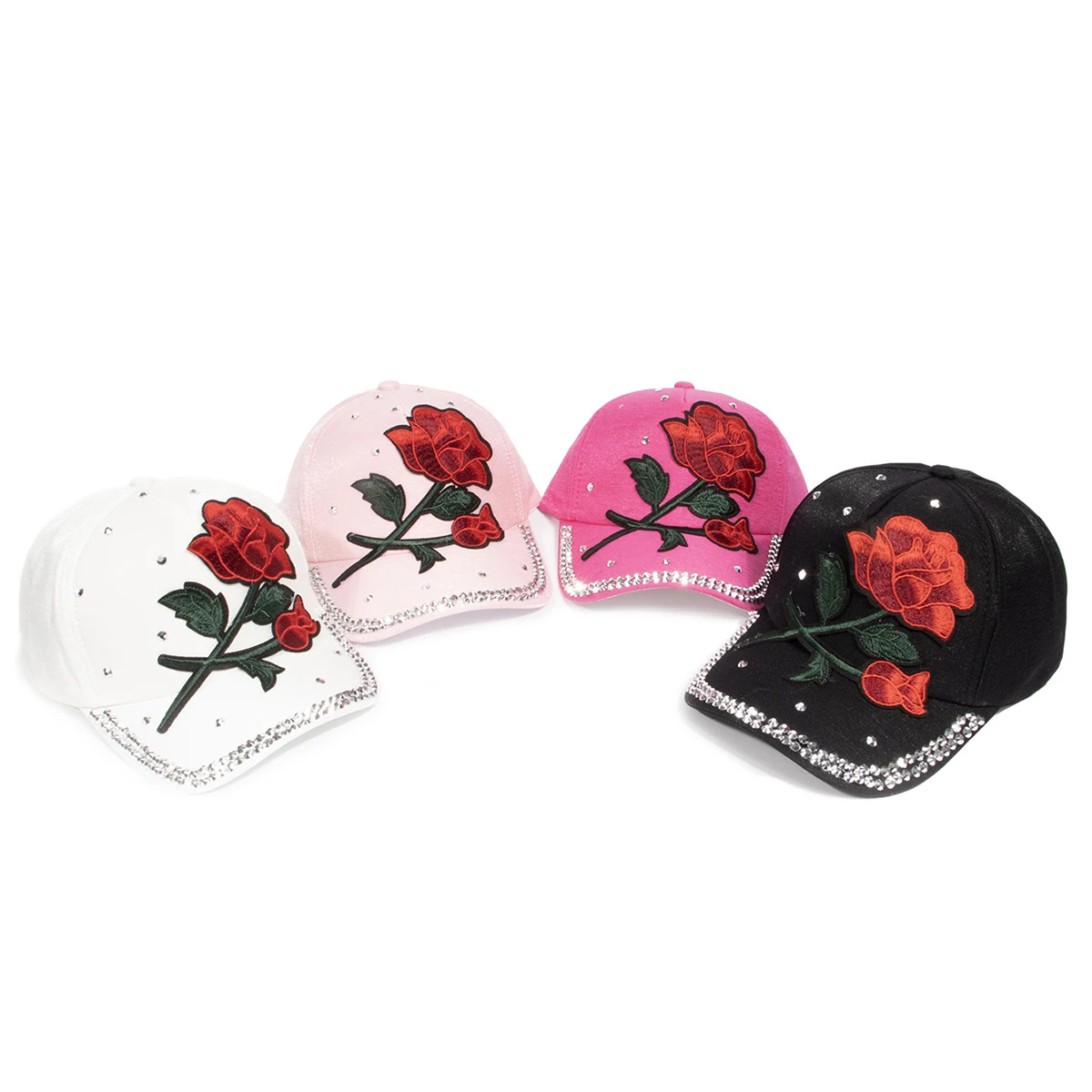 Damen Vintage Baseballkappe mit Großer Rosen-Dekoration Strass-Verzierung Modische Mütze Elegante Rosenblüten-Krone Kopfbedeckung Caps – Detail 2