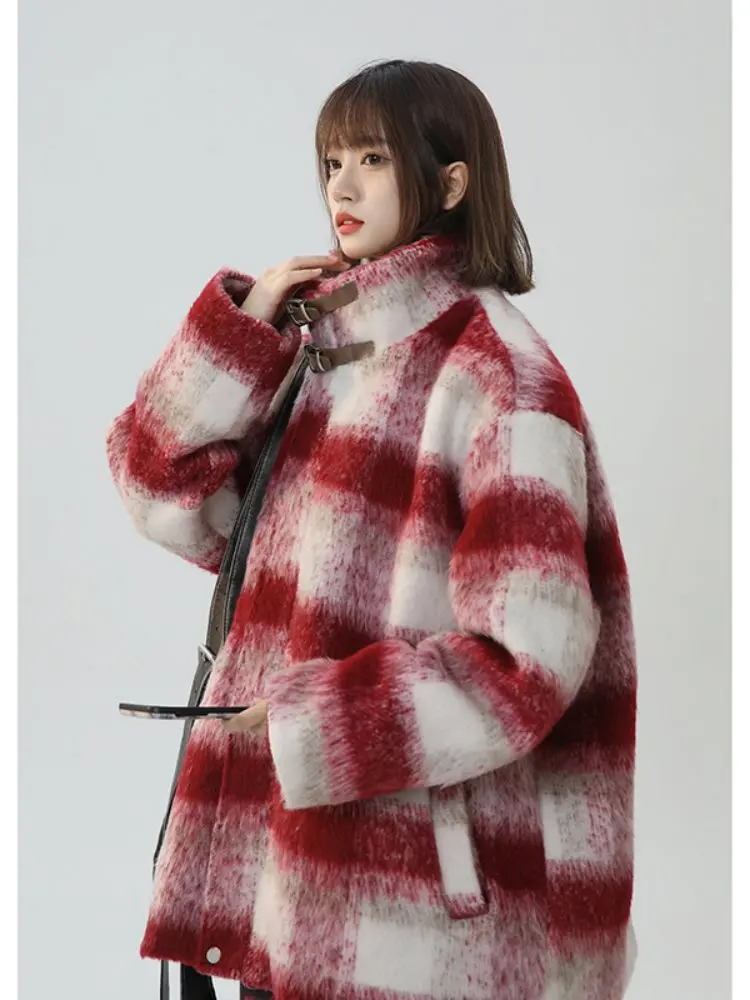 

Red Plaid Woolen Coat ort Thiened Lapel Jaet for Men Autumn Winter Japanese Sle Retro Faionable Outerwear