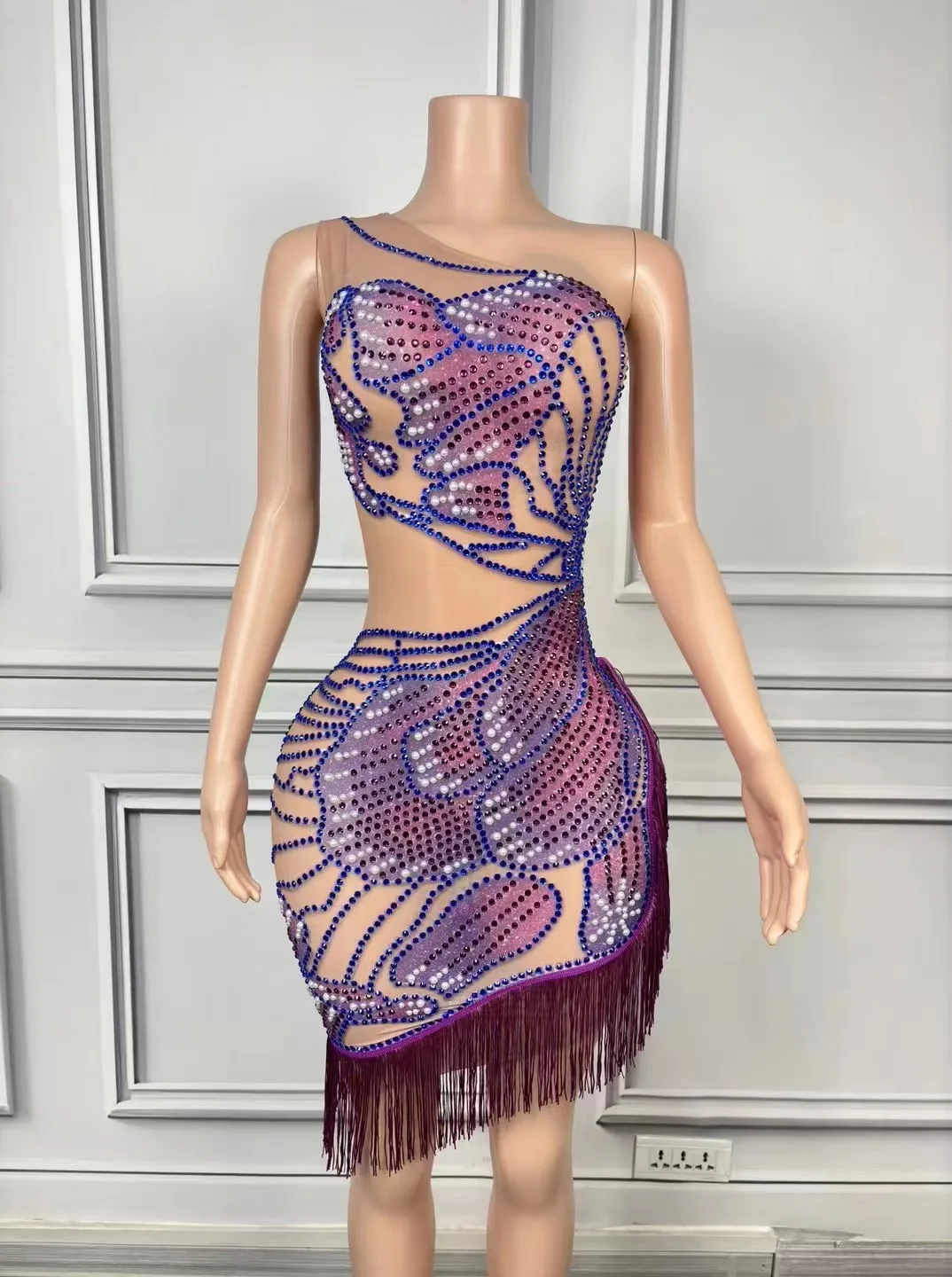 

Elegant Birthday Purple Evening Dress Gogo Festival Party Celebrate Outfit Rhinestone Fringed Dresses Singer Stage Wear