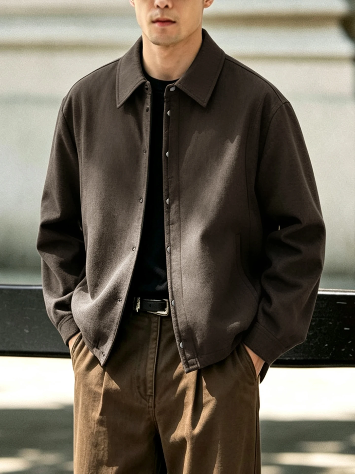 Loose Fit Men's Long Sleeve Shirt Deep Brown Casual Outerwear Spring Autumn Simple Style Commute Top Polyester Fiber Skin-fri...