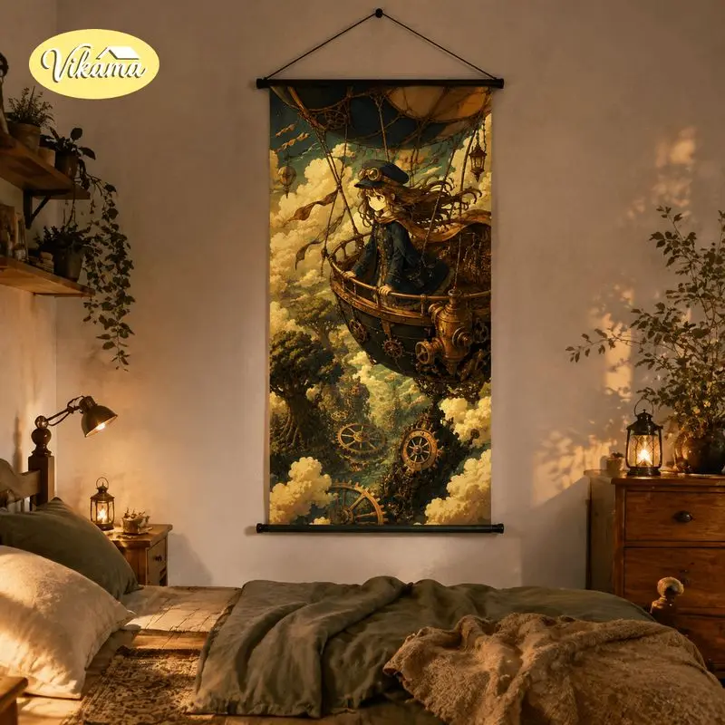 VIKAMA Steampunk Anime Girl Airship Tapestry Cloud Forest Gear Adventure Art Wall Hanging for Bedroom Aesthetic Home Decor