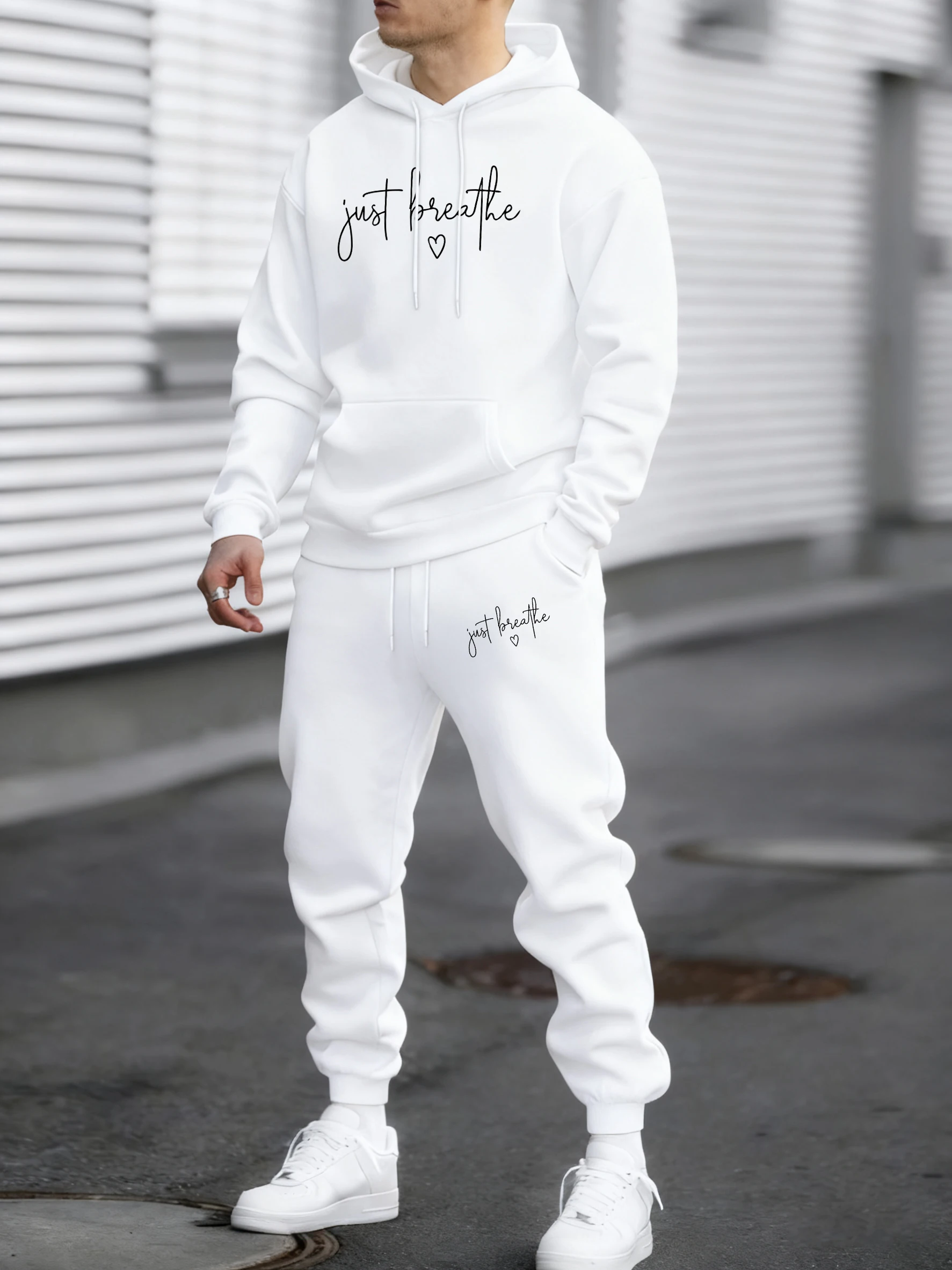 Just Breathe Love Art Letter Print Mens Tracksuit Trendy Autumn Fleece Hoodies Simple Pants Male All-Match Loose Clothing