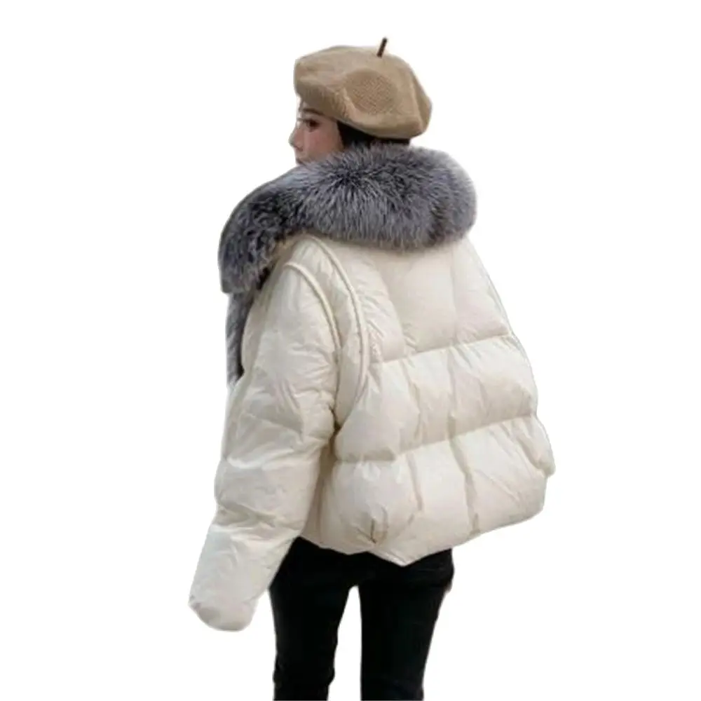 2024 Women Warm Loose Coat Natural Real Fox Fur Collar Thick Luxury Outerwear New Down Parkas White Duck Down Jacket Winter