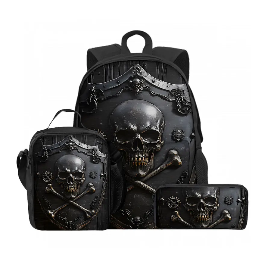 

3 Pcs Set Simple Skull Lunch Bags ,Pen Bags ,Front Bag Backpack For Boys/Girls Children Best Gifts 3D Cartoon School Bag
