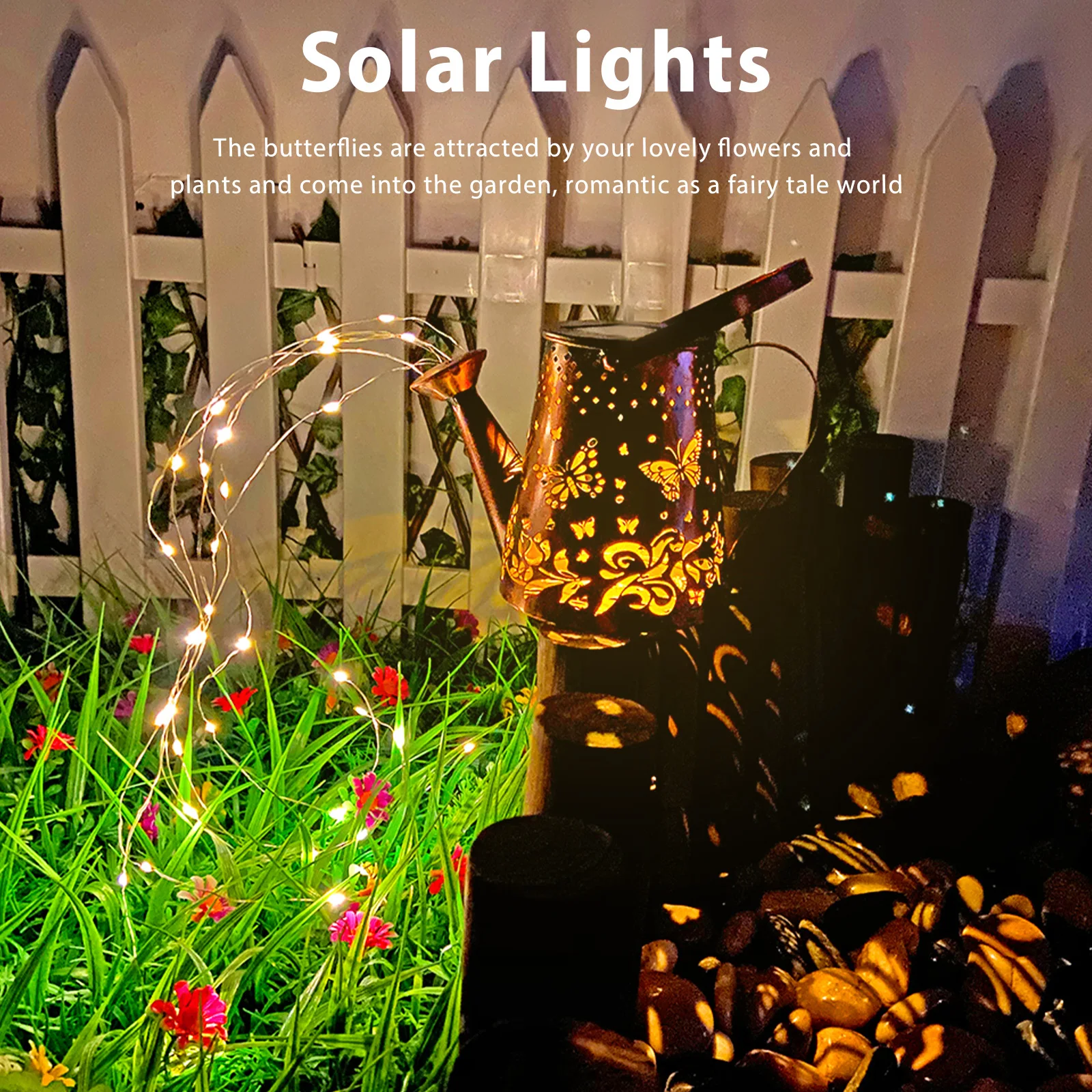 Solar Watering Can Light Butterfly Hanging Waterfall Lamp Waterproof Outdoor Garden Decoration Yard Porch Lawn Landscape Lamp