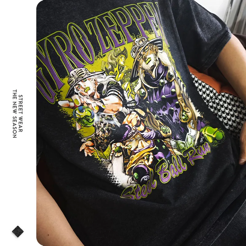 JOJO Steel Ball Run T-shirt Vintage Washed Zeppeli Gyro T Shirts Oversize Manga JOJO DIO Jotaro Jolyne Jean Pierre Tops Tees Men image 2