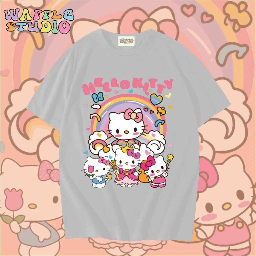 لطيف مرحبا كيتي القطن الخالص قصيرة الأكمام تي شيرت للنساء والأطفال صيف 2025 جديد بسيط مطبوعة فضفاض رداء علوي غير رسمي